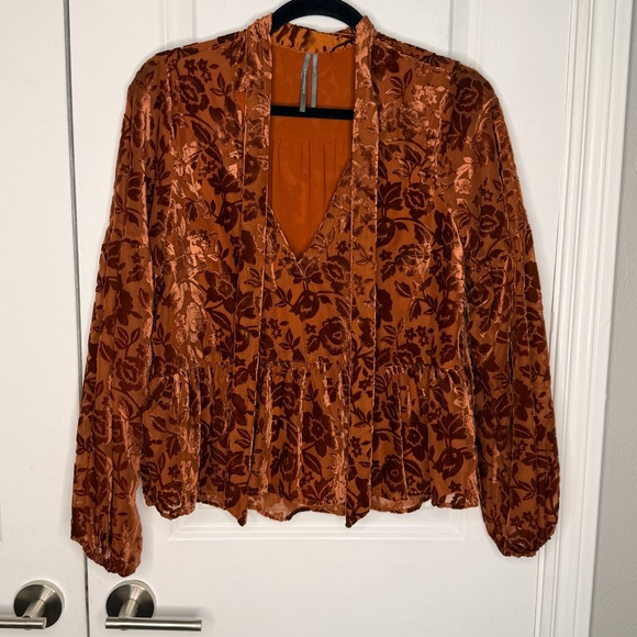 Anthropologie Rust Floral Velvet tie neck Blouse Size Small - Picture 6 of 12